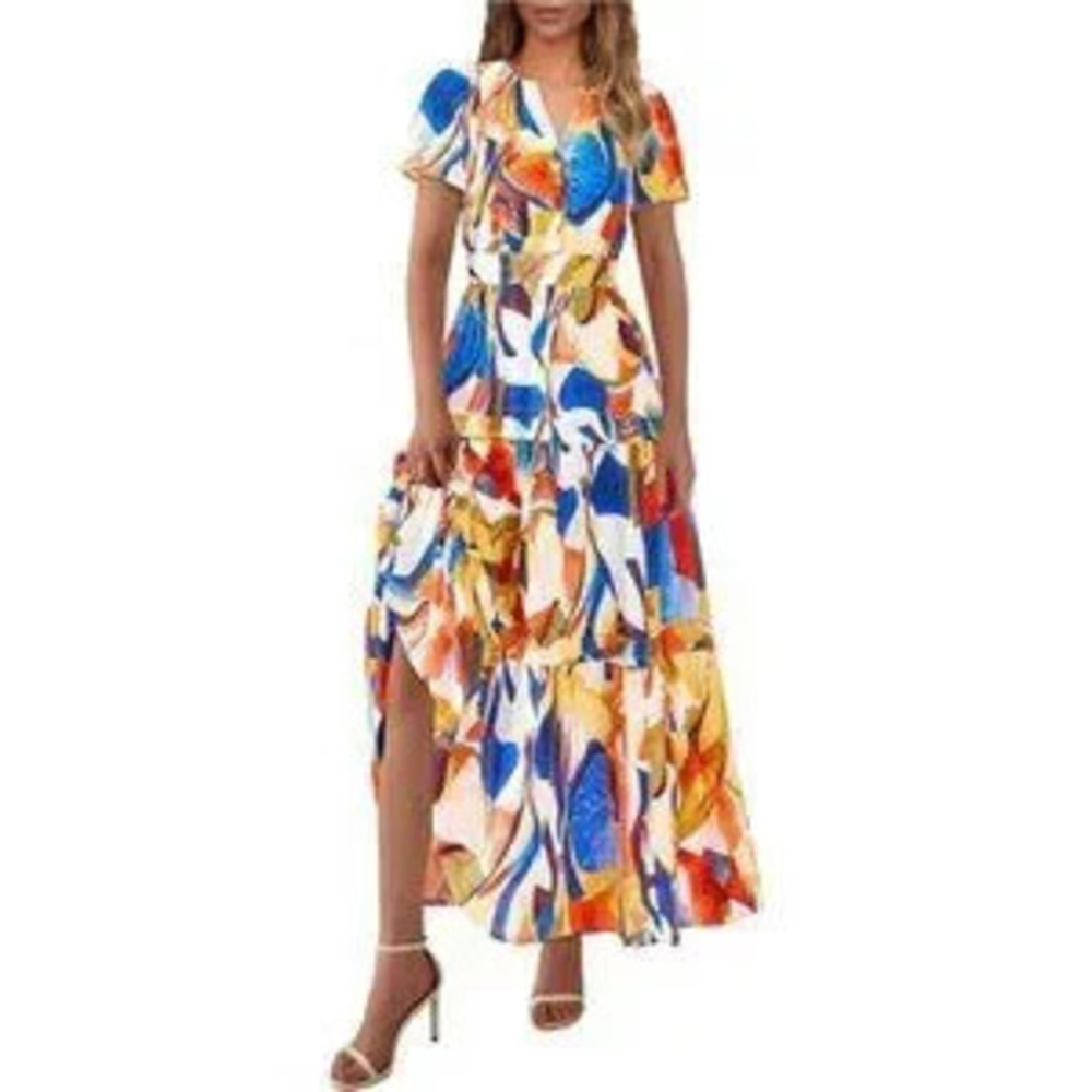 Women's Summer Boho Maxi Dress Floral Short Sleeve V Neck Tiered Flowy Dress